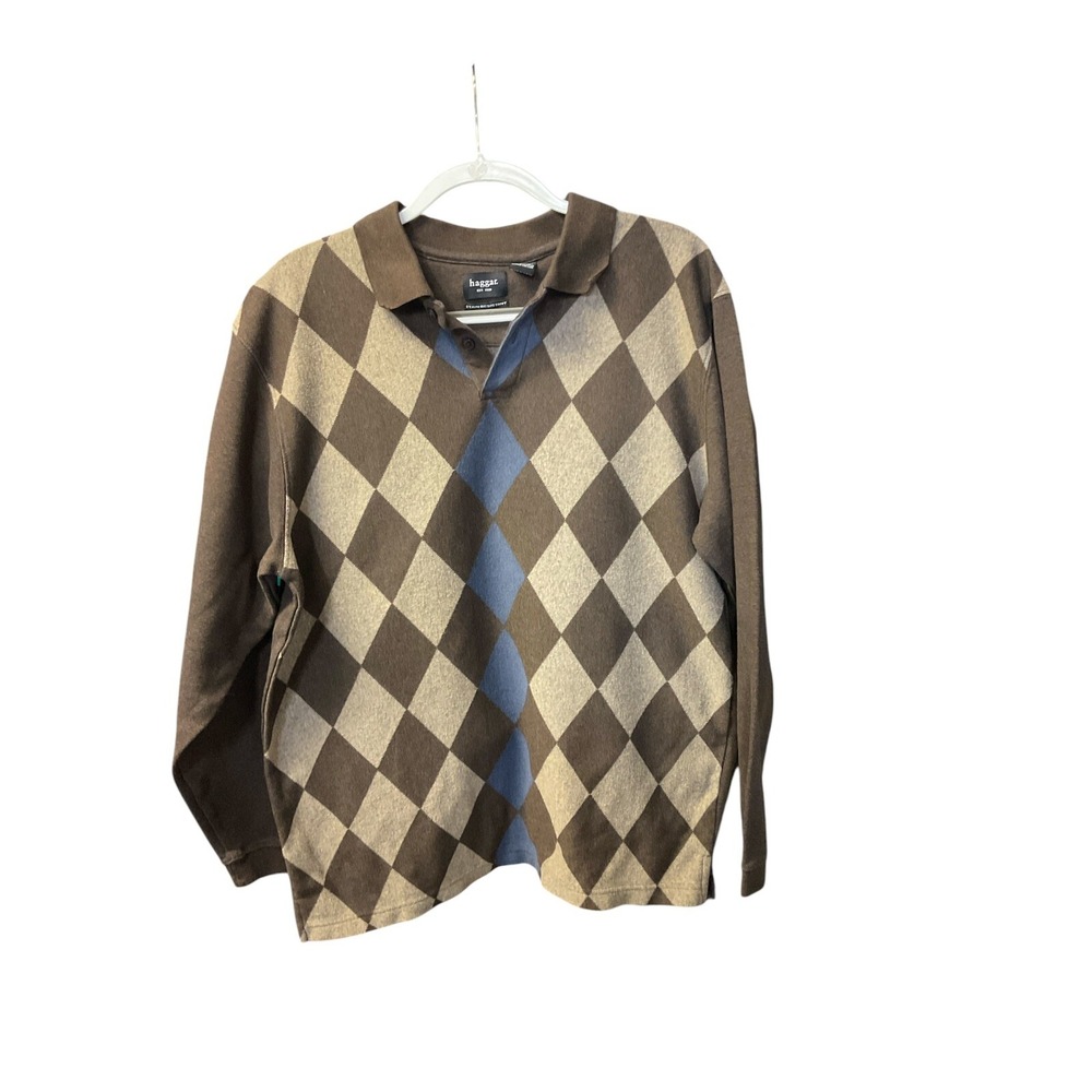 Haggar Mens Polo Shirt Size L Brown Argyle Print Long Sleeve Golf Sweater